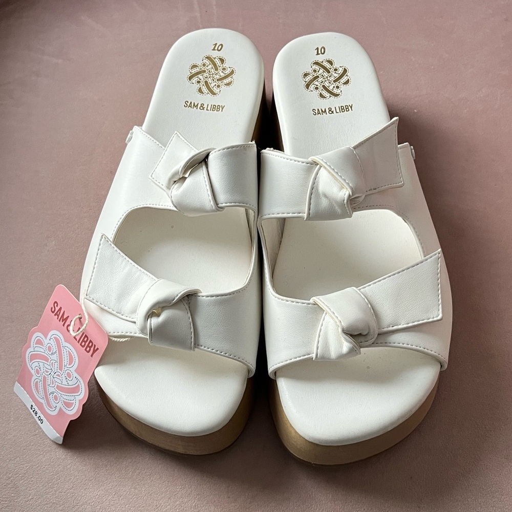 NWT Sam & Libby INDIE DOUBLE BOW PLATFORM SANDALS Size 10 BRIGHT WHITE SLIP ON
